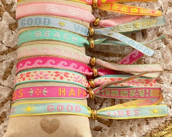 Festival bracelet, fabric bracelet, Ibiza style, statement text, summer, neon, boho, hippie, good vibes, waves, smiley face, gift, friendship bracelet, Mother's Day