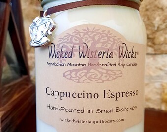 Wicked Wisteria Wicks Cappuccino Espresso Soy Candle with Rustic Lid and Charm