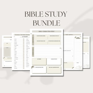 May include: A Bible Study Bundle with the text "BIBLE STUDY BUNDLE" at the top. The bundle includes pages for reading the Old Testament, character studies, and verse mapping. The pages are beige with black text.