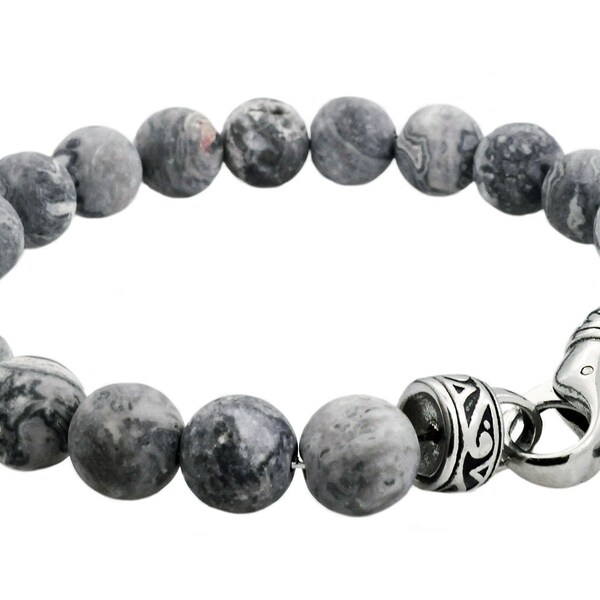 Genuine Grey Jasper and Stainless Steel 10MM Gemstone Bracelet With Lobster Clasp , Mens Holiday Gift