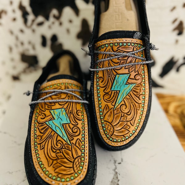 Custom Tooled Leather Hey Dudes | Hand Tooled Hey Dudes | Custom Hey Dude Shoes | Free Shipping Included