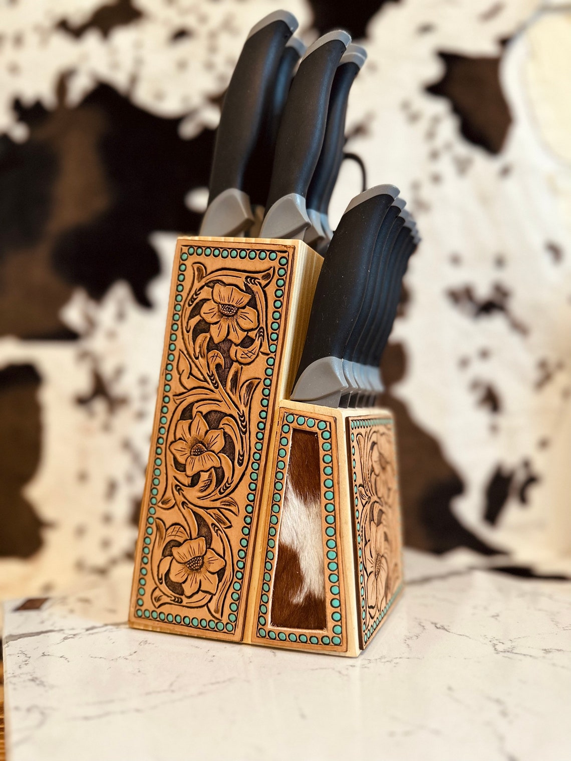 Custom Tooled Leather Knife Set Hand Tooled Knife Block Etsy