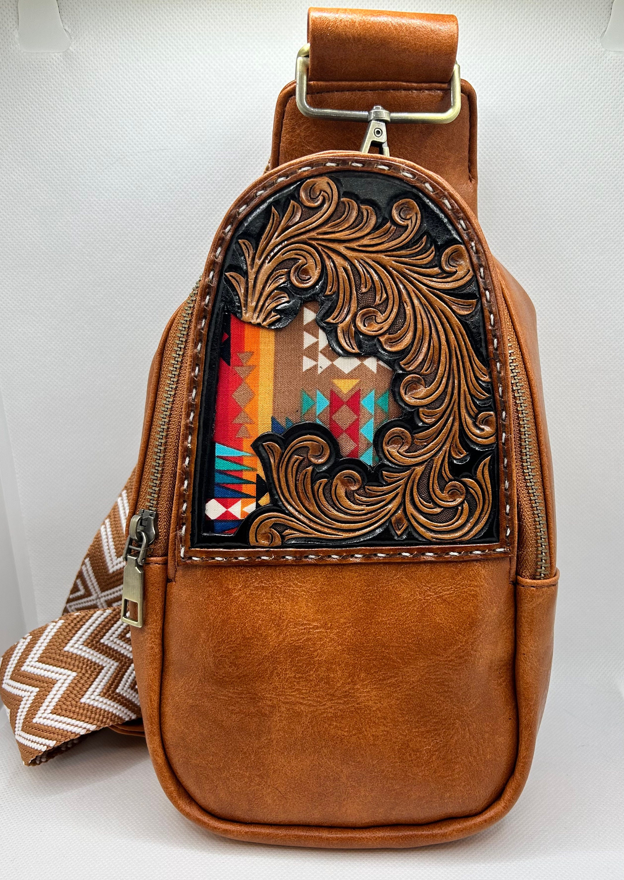 13-Point Bolt and Honeycomb - Tooled Leather Fringe Bag - Lotus Leather