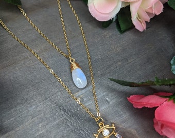 Gold plated necklace,elegant,evil eye,Handmade,Lightweight,Modern,Everyday jewelry,minimalist,delicate,simple,double chain,moonstone