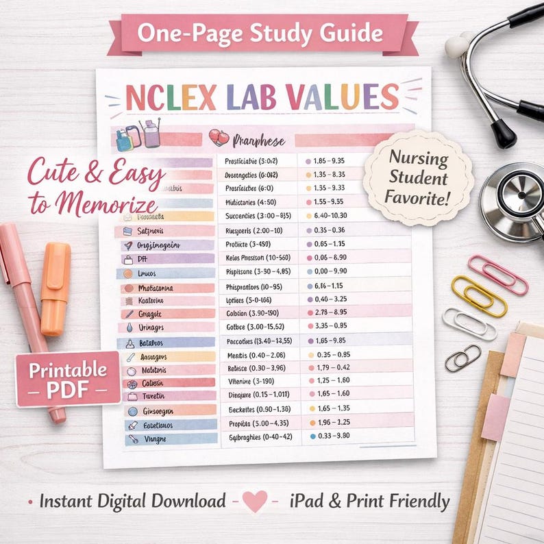 Nursing Lab Values Cheat Sheet – NCLEX Study Guide PDF - Etsy