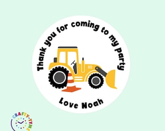 20 Thank You For Coming To My Party Stickers | Personalised Name | Construction Party | Digger Party | Personalised Digger Birthday Stickers