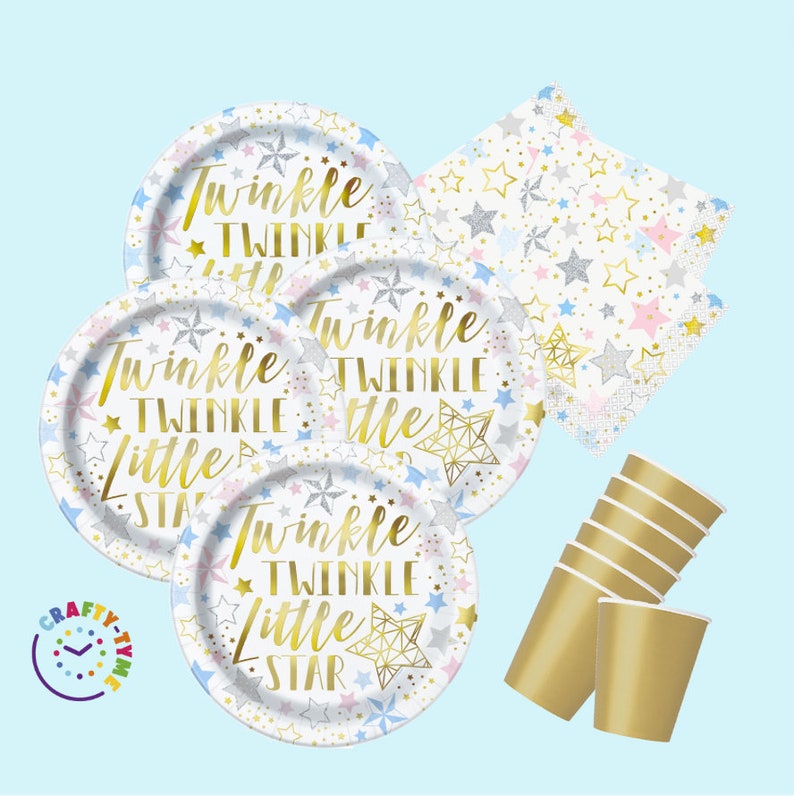 Twinkle Little Star Baby Shower Gender Reveal Birthday Party Tableware Plates Cups Napkins 32 Piece Bundle 8 Guests