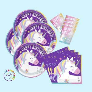 Unicorn Birthday Party Tableware, Plates, Cups, Napkins 32 Piece Bundle, 8 Guests 32 Party Bundle