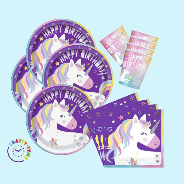 Unicorn Birthday Party Tableware, Plates, Cups, Napkins - 32 Piece Bundle, 8 Guests