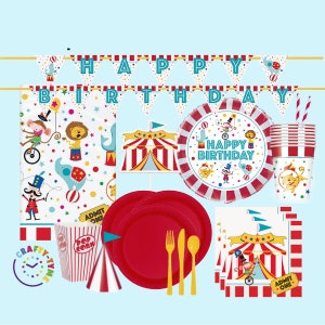 Circus Party Tableware & Decorations, Showman Theme, Happy Birthday Banner, Circus Balloons, Red Plates, Red Stripe Straws, Popcorn Boxes