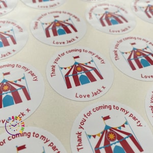 20 Stickers Merci d'être venu à ma fête | Prénom personnalisé | Fête du Carnaval | Fête du cirque | Stickers anniversaire personnalisés