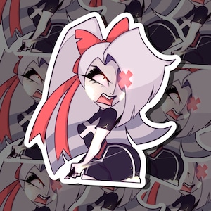 May include: A sticker featuring a cartoon character with long white hair, a red bow, and a black and white outfit. The character has a red cross on their forehead and is making a frustrated expression.