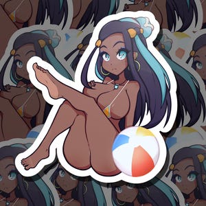 May include: A sticker featuring an anime-style illustration of a woman in a bikini, with dark skin, blue and black hair, and blue eyes. She is posed with a beach ball.