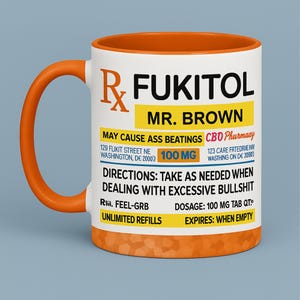 Funny Rx Prescription Mug, FUKITOL Gag Gift for Men, Mug for Coworker, Stress Relief Humor Gift for Office, Gift For Coworker