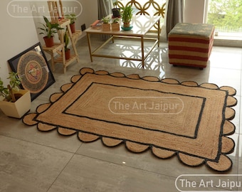 Natural Jute Rug, Black Scalloped Jute Rug, Bohemian Jute Rug, Jute Scalloped Rug, Handwoven Jute Rug, Hand Braided Rug, Custom Size Rug