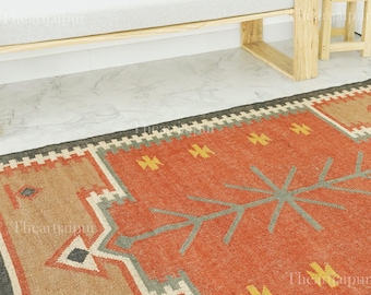 Handmade Kilim Carpet, Indian Dhurrie Rug, Wool Jute Rug, Sustainable Area Rug, Boho Rustic Home Decor, Decorative Flatweave Rug, Aztec Rug