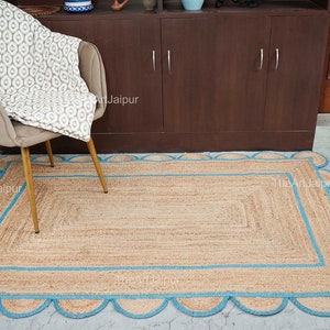 Natural Scalloped Jute Rug, Blue Scalloped Rug, Decorative Rug, Natural Fiber Rug, Handwoven Jute, Bohemian Rug, Jute Area Rug, Custom Rug