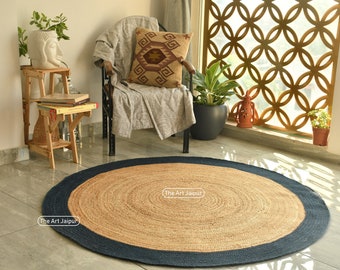 Natürlicher Juteteppich, runder Teppich aus Naturfaser, Teppich mit schwarzer Bordüre, handgewebter geflochtener Teppich, Boho-Teppich, Teppich in benutzerdefinierten Größen, Wohndekor