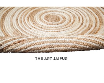 Jute Area Rug - Hand-Braided Natural Jute Round Rug, Bohemian/Boho Bordered Rug, Tie-Die Jute Rug, 4x4, 5x5 Jute Round Rug