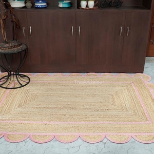 Handwoven Jute Rug, Pink Bordered Scalloped Jute Rug, Traditional Jute Area Rug, Rectangle Scalloped Rug, Bohemian Jute Rug, Custom Size Rug