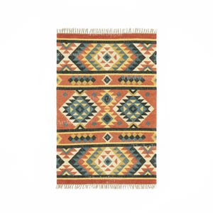May include: Rectangular rug with a geometric pattern in shades of orange, yellow, blue, and black. The rug features a repeating diamond and triangle design, with a fringed edge. The rug is likely made of woven material.