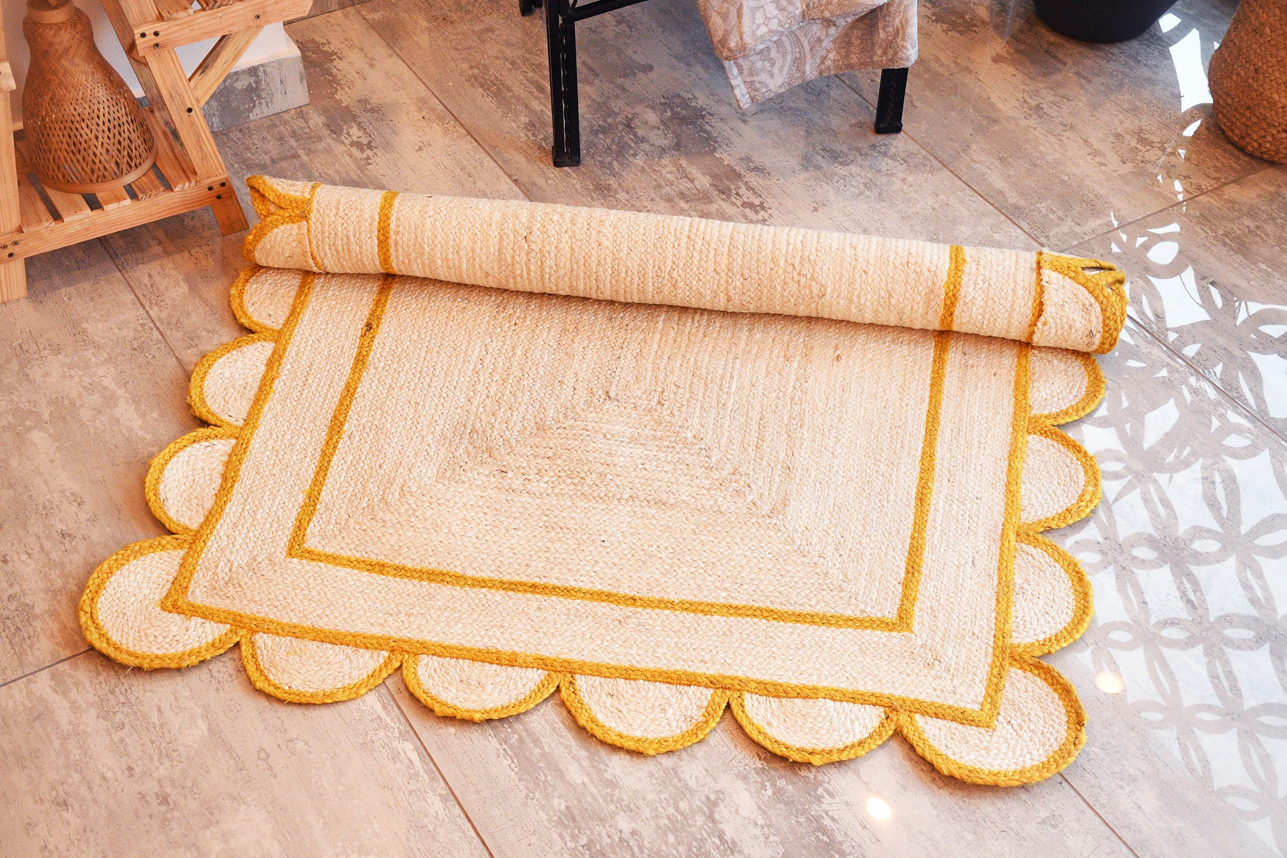 Natural Fiber Rug, Handwoven Yellow Scalloped Pattern Jute Runner ...