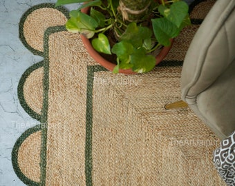 Jute Scalloped Rug, Natural Jute Area Rug, Emerald Green Scalloped Jute Rug, Bohemian Rug, Handwoven Jute Rug, BohoJute Rug, Custom Size Rug