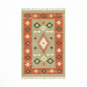 Decorative Flatweave Rug, Wool & Jute Rug, Indian Dhurrie Rug, Southwestern Kilim Rug, Kilim Dhurrie Rug, Boho Decor Rug, Rectangle Kilim