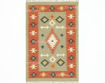 Decorative Flatweave Rug, Wool & Jute Rug, Indian Dhurrie Rug, Southwestern Kilim Rug, Kilim Dhurrie Rug, Boho Decor Rug, Rectangle Kilim