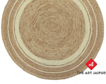 Natural & White Round Rug, Braided Jute Rug, Bohemian Rug, Boho Decor Rug, Custom Size Round Rug, Round Jute Rug, Eco Friendly Rug, Jute Rug