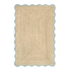 Tappeto passatoia in juta intrecciato a mano con motivo a onde e smerlati, tappeto boho naturale, bordo azzurro cielo, tappeto boho con smerlati, sostenibile