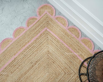 Natural Jute Scallop Rug, Pink Scalloped Jute Rug, Jute Area Rug, Jute Scalloped Rug, Bohemian Jute Rug, Handwoven Jute Rug, Custom Size Rug