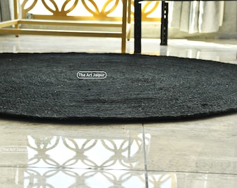 Handwoven Jute Rug, Natural Black Round Jute Rug, Braided Round Jute Rug, Rustic Boho Decor Rug, Sustainable Jute Round Rug, Circle Jute Rug
