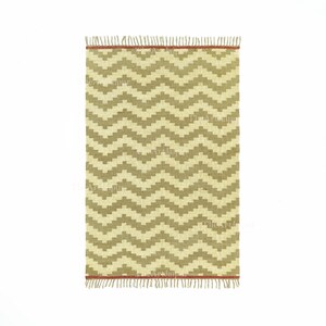 May include: A rectangular rug featuring a zigzag pattern in beige and olive green hues. It has a red border and fringing at the ends. This rug is designed for indoor use, with a geometric design.