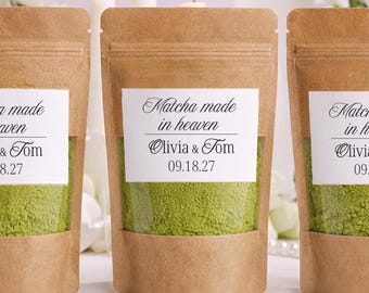 Personalized Matcha Wedding Favor Bags, Custom Bridal Shower Tea Pouches
