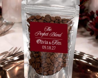 Personalized Wedding Coffee Favors, Old Money Burgundy Label, Metallic Silver Doypack