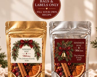 Personalized Christmas Simmer Pot Favor Bags, Custom Labels, Empty DIY Gift Packaging