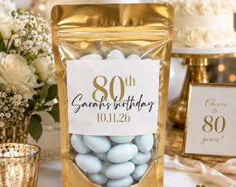 Personalized Birthday Favor Bags, Custom Candy Bags, Gold Party Favor Pouches, 80th, 60th, 40th, 30th Birthday Favors, Almond Favor Bags