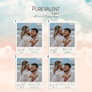 May include: Four photo booth style images of a couple on a beach. The images are in a white frame with a white background. The text below each image reads "The perfect blend" and "Olivia & Tom" with the date "05.08.25".