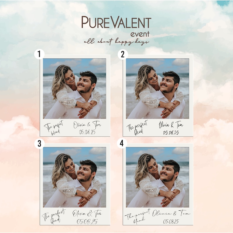 May include: Four photo booth style images of a couple on a beach. The images are in a white frame with a white background. The text below each image reads "The perfect blend" and "Olivia & Tom" with the date "05.08.25".
