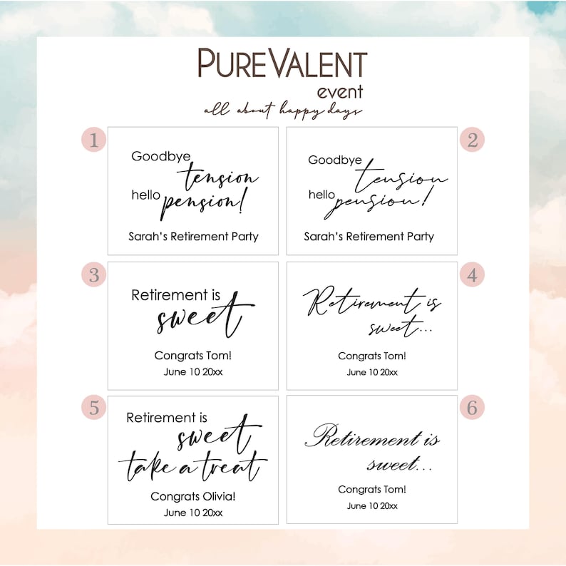 May include: A collection of six white cards with black calligraphy text. The cards feature phrases like "Goodbye tension, hello pension!" and "Retirement is sweet." The cards are for retirement parties.
