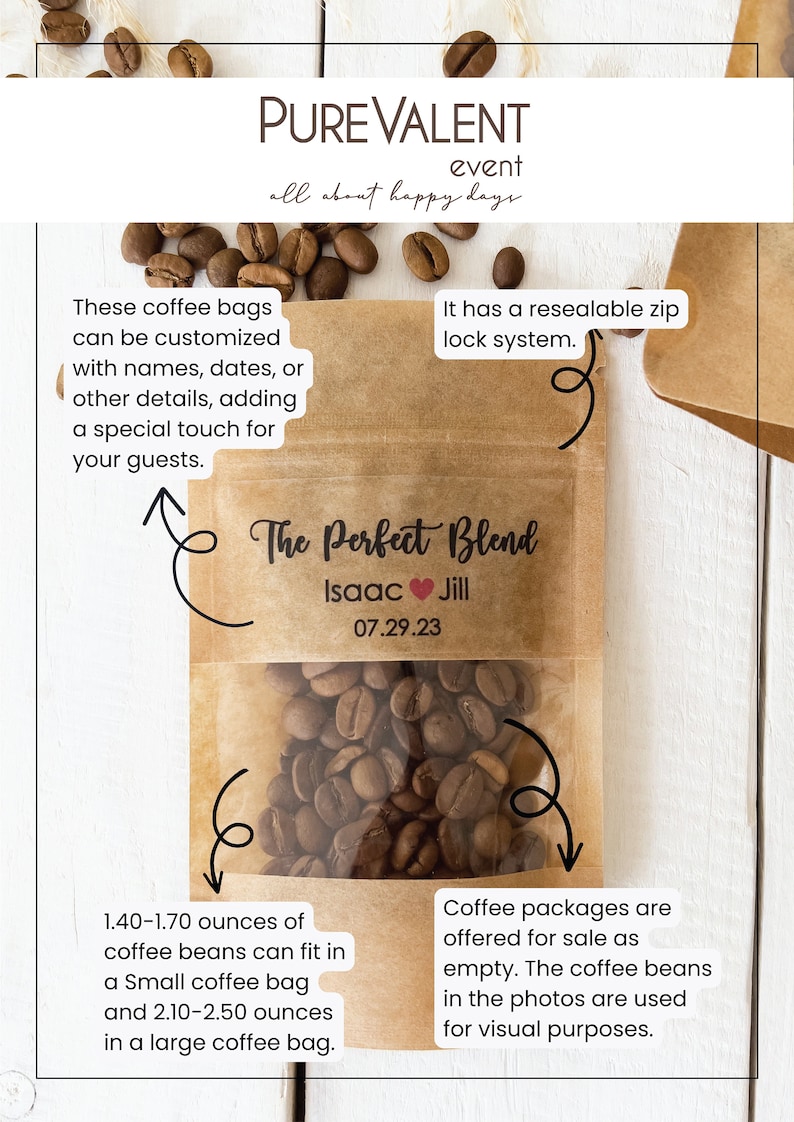 Op de afbeelding: Een bruine papieren koffiezak met een hersluitbare ritssluiting. De zak is gevuld met koffiebonen en heeft een label met de tekst "The Perfect Blend" met de namen "Isaac" en "Jill" en de datum "07.29.23". De tekst "1.40-1.70 ounces of coffee beans can fit in a small coffee bag and 2.10-2.50 ounces in a large coffee bag." is op de zak gedrukt. De tekst "Coffee packages are offered for sale as empty. The coffee beans in the photos are used for visual purposes." is gedrukt aan de rechterkant van de afbeelding.