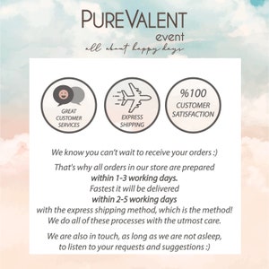 Op de afbeelding: Een witte en grijze afbeelding met de tekst "PUREVALENT event all about happy days". De afbeelding bevat ook drie pictogrammen: een glimlachend gezicht met de tekst "GREAT CUSTOMER SERVICES", een vliegtuig met de tekst "EXPRESS SHIPPING" en een procentteken met de tekst "%100 CUSTOMER SATISFACTION".