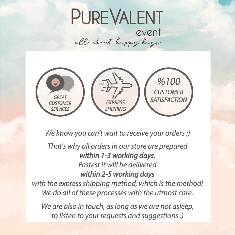 Op de afbeelding: Een witte en grijze afbeelding met de tekst "PUREVALENT event all about happy days". De afbeelding bevat ook drie pictogrammen: een glimlachend gezicht met de tekst "GREAT CUSTOMER SERVICES", een vliegtuig met de tekst "EXPRESS SHIPPING" en een procentteken met de tekst "%100 CUSTOMER SATISFACTION".