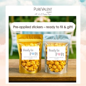 Baby Shower | Ready to Pop Popcorn Favor Bags – Personalized Treat Pouches for Guests, About to Pop Party Bags – Baby Shower Treat Bags