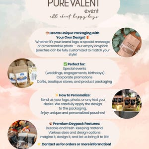 Op de afbeelding: Een kleurrijke afbeelding met de tekst "PUREVALENT event all about happy days." De afbeelding adverteert met aangepaste verpakkingen voor speciale gelegenheden, zoals bruiloften, verlovingen, verjaardagen, bedrijfsacties, caf&eacute;s, boetieks en productverpakkingen. De afbeelding bevat een checklist, een ster en een bruine zak met de tekst "The Perfect Gift".