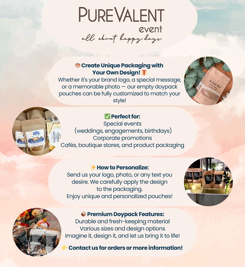 Op de afbeelding: Een kleurrijke afbeelding met de tekst "PUREVALENT event all about happy days." De afbeelding adverteert met aangepaste verpakkingen voor speciale gelegenheden, zoals bruiloften, verlovingen, verjaardagen, bedrijfsacties, caf&eacute;s, boetieks en productverpakkingen. De afbeelding bevat een checklist, een ster en een bruine zak met de tekst "The Perfect Gift".