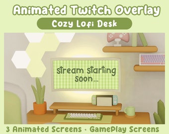 Pantalla acogedora Lofi ANIMADA / Escenas de transmisión / Configuración de escritorio acogedora / Escena de habitación / Sala Lofi verde / Superposición de Twitch / Pantallas Twitch / Escena de escritorio