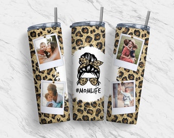 20 oz Tumbler Skinny, Glitter Leopard Mom Life Photo, Sublimation Design Template, Straight, Warped Design, Digital Download, PNG