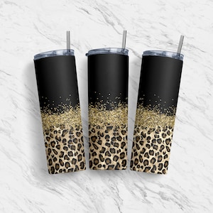20 oz Tumbler Skinny, Sublimation Design Template, Glitter Gold Black Horizontal Leopard, Straight Design, Warped Design, Download, PNG